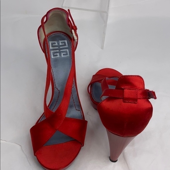 Givenchy Sz 39 Red Satin High Heel Wedge Sandals - Picture 8 of 13